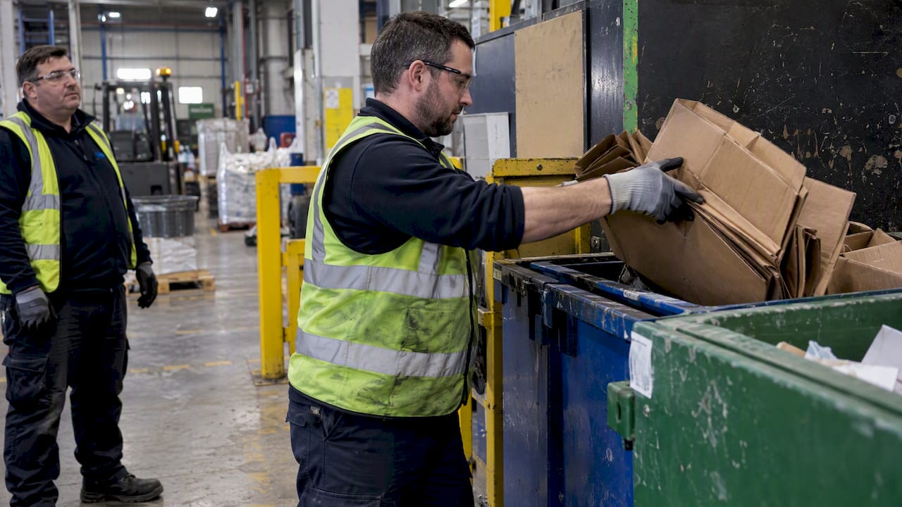 Employee sorting cardboard during factory training