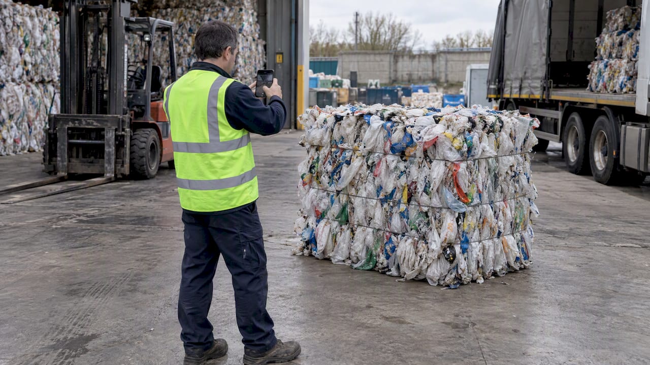 Worker photographing a plastic bale before collection