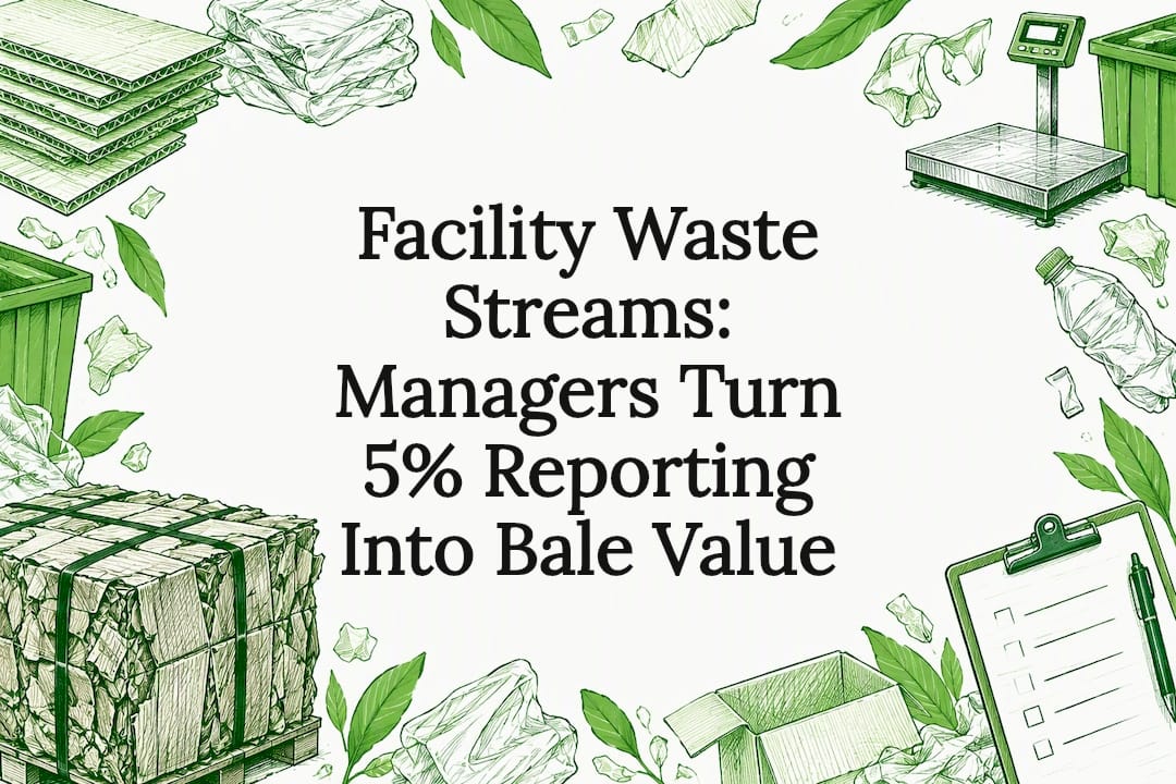Hand-drawn recycling and audit motifs frame title