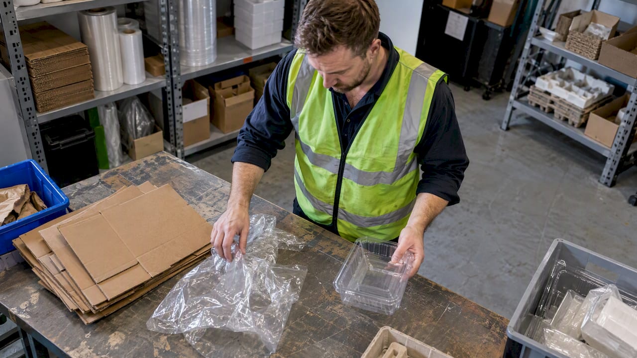 Specialist sorting packaging samples for an audit