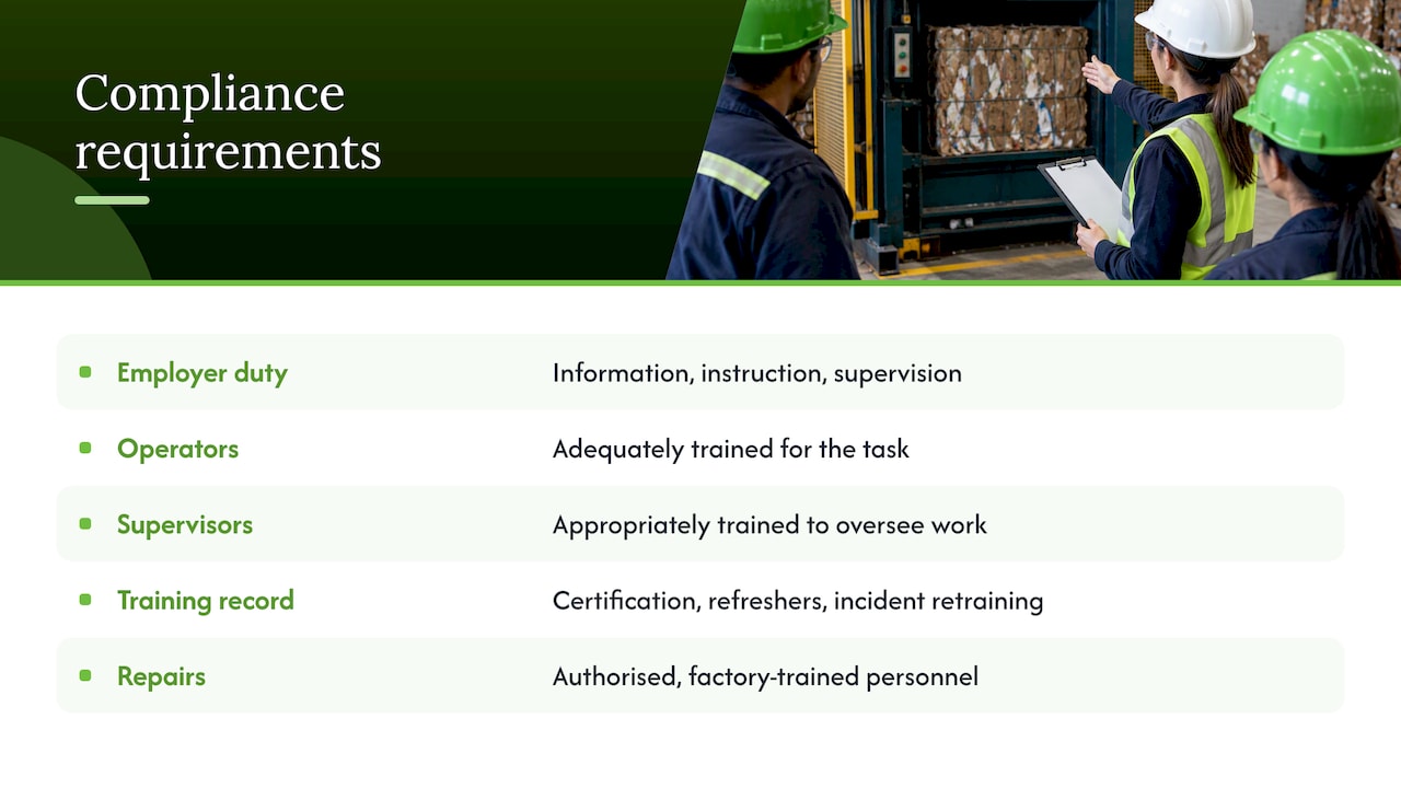 Legal and regulatory compliance requirements related to baler operation — overview diagram