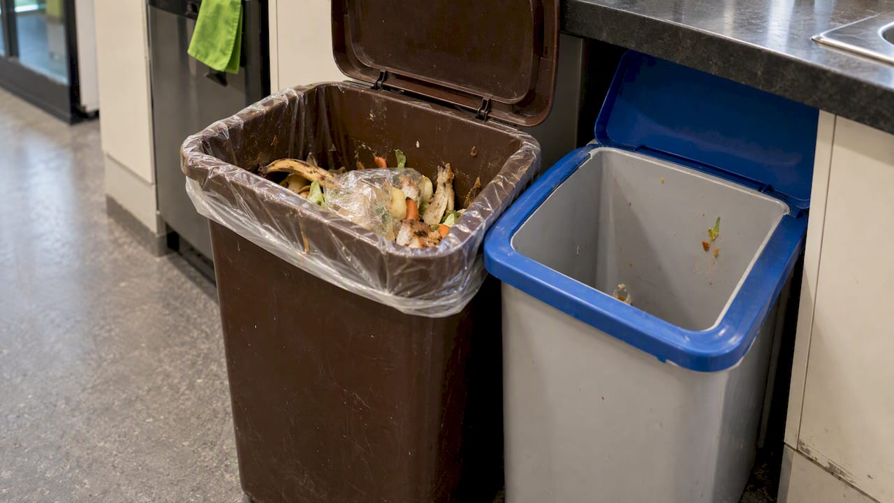 Plastic wrap mixed into an office food-waste bin