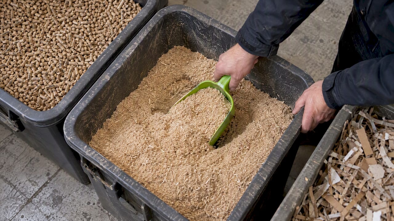 Sawdust and pellets stored as bulking materials